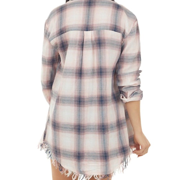 NWT Angie Clothing Frayed Distressed Hem Button Down Plaid Flannel Top Shirt - Picture 4 of 6